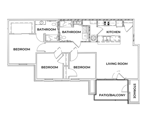 Floor plan for 3 beds, 1 bath, 1247 sqft